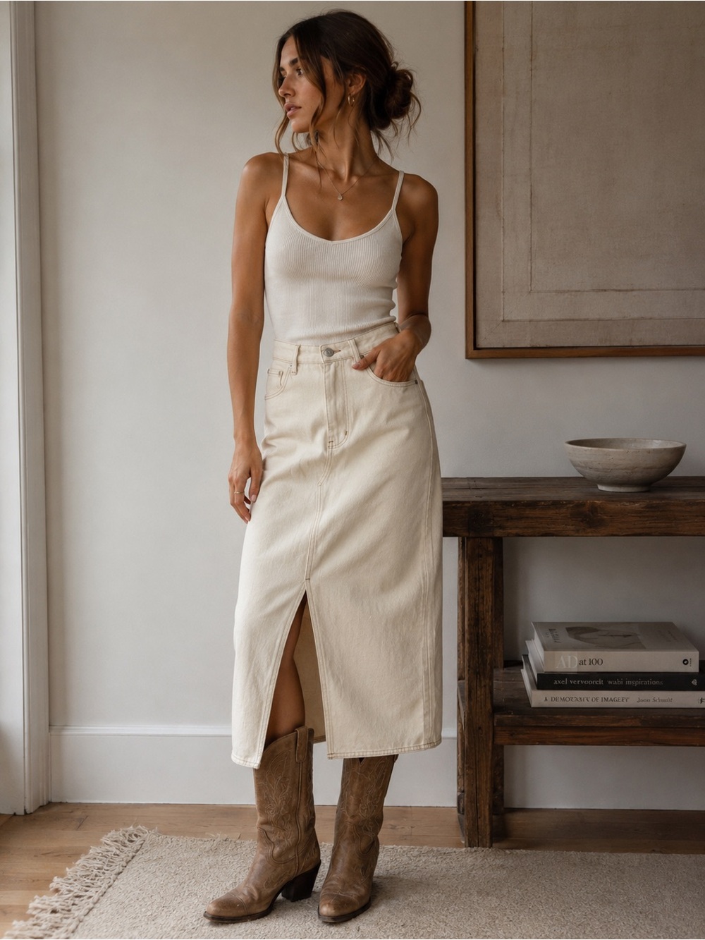 Blank NYC Cream Denim Midi Skirt with Front Slit like new. Size 28.